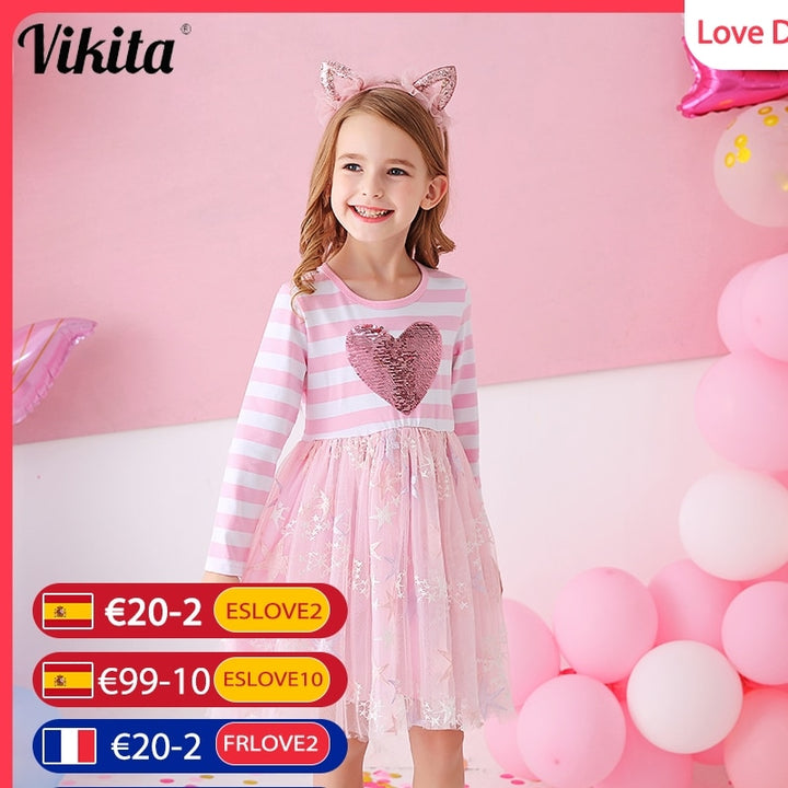 VIKITA Girls Striped Dress Kids Princess Dress for Girl Children Heart Design Dresses Girl School Casual  Wear Children Clothing - bertofonsi