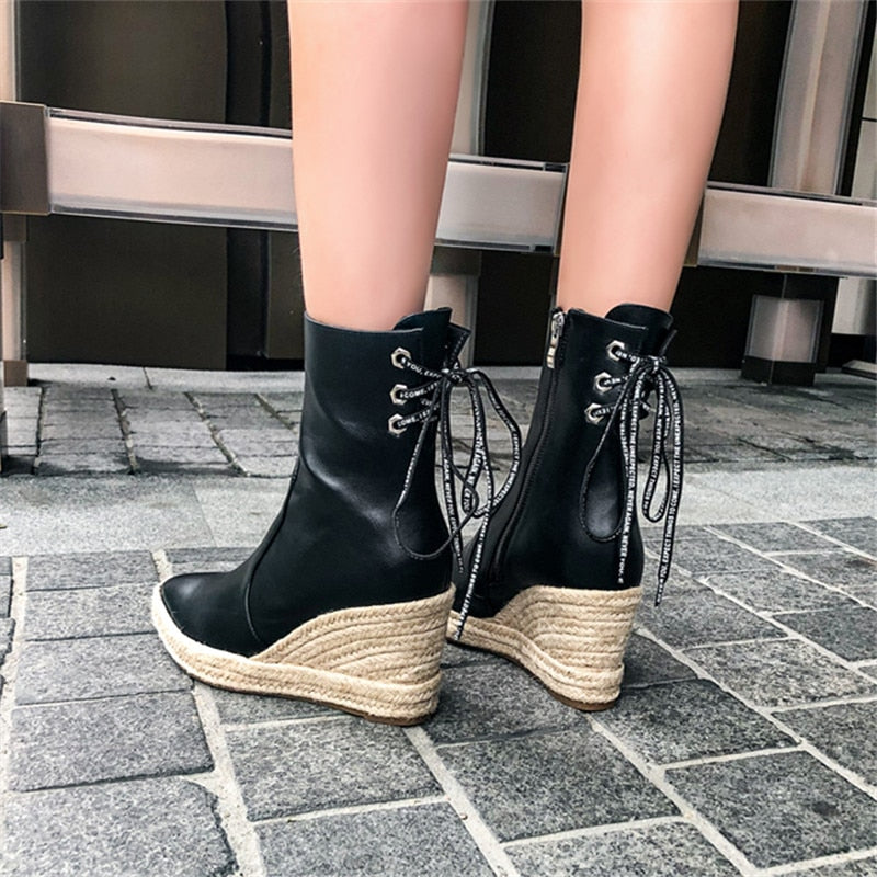 Women&#39;s High Quality Ankle Boots Women&#39;s Hemp Rope Straw Platform Wedge Boots Women&#39;s Zipper Back Collar Autumn Boots - bertofonsi