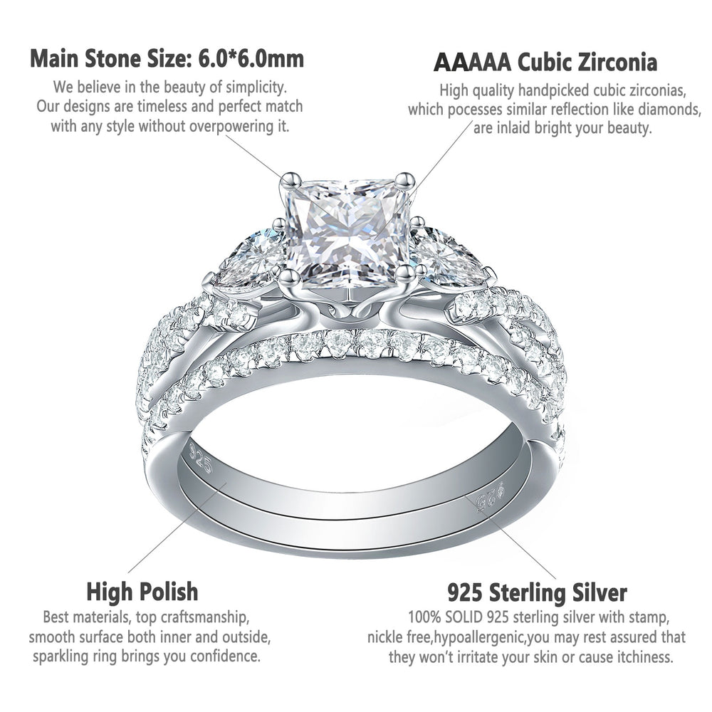 Newshe 2 Pcs Wedding Ring Set 925 Sterling Silver 1.7 Ct Princess Pear Cut AAAAA CZ Engagement Rings for Women Trendy Jewelry - bertofonsi