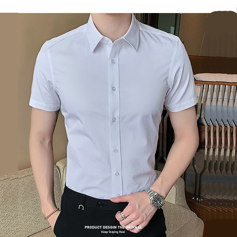 40kg-125kg Summer New Shirts Casual Fashion Cotton Short Sleeve Slim Fit Men Social Blouse Button Down White Dress Shirt 6XL 8XL - bertofonsi