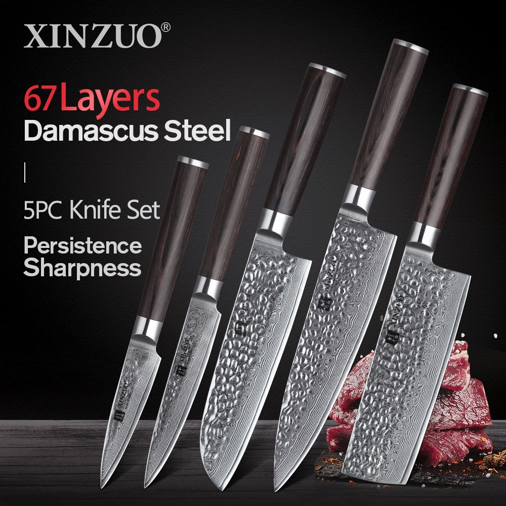 XINZUO 1-5 PCS Kitchen Knives Set VG10 Damascus Stainless Steel Sharp Chef Santoku Nakiri Slicing Paring Knife Pakkawood Handle - bertofonsi