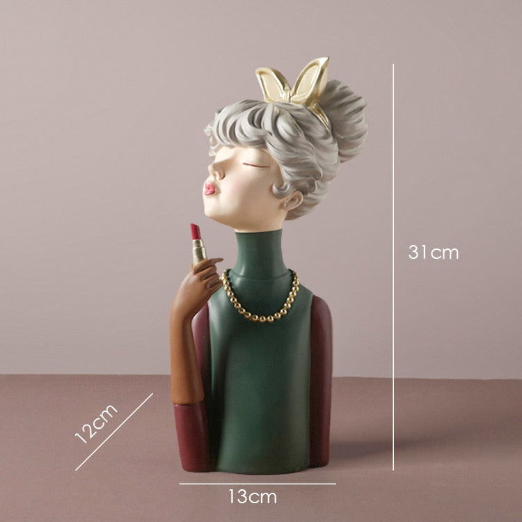 Modern Luxury Bowknot Girl Resin Figurines Home Decoration People Bust Storage Plate Gilr Statue For Room Decor Wedding Gifts - bertofonsi