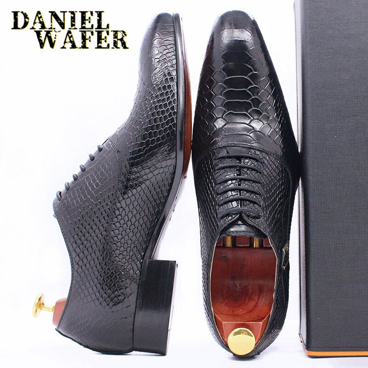 Fashion Men Dress Leather Shoes Snake Skin Prints Classic Style Wine Blue Coffee Black Lace Up Pointed Men Oxford Formal Shoes - bertofonsi