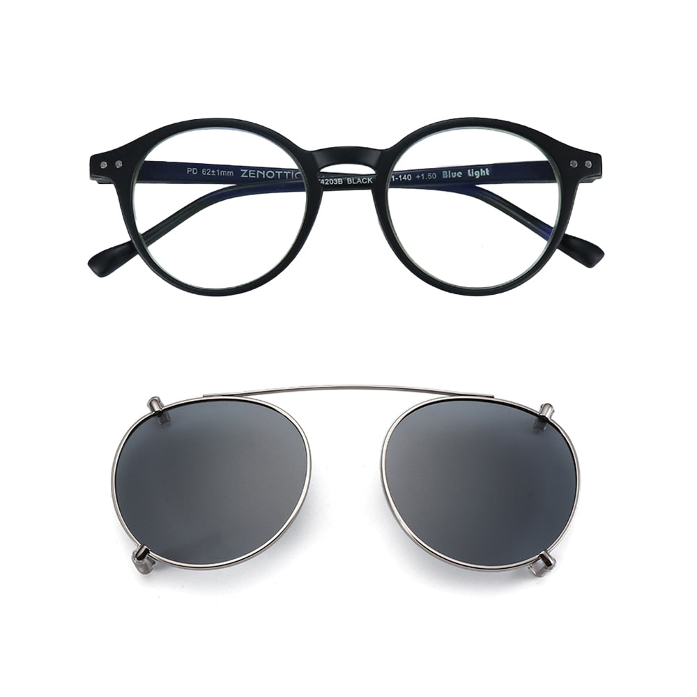 Zenottic Steampunk Round Anti Blue Light Glasses with Sunglasses Clips Uv400 Protect Polarized Magnetic Clip on Shade for Unisex - bertofonsi