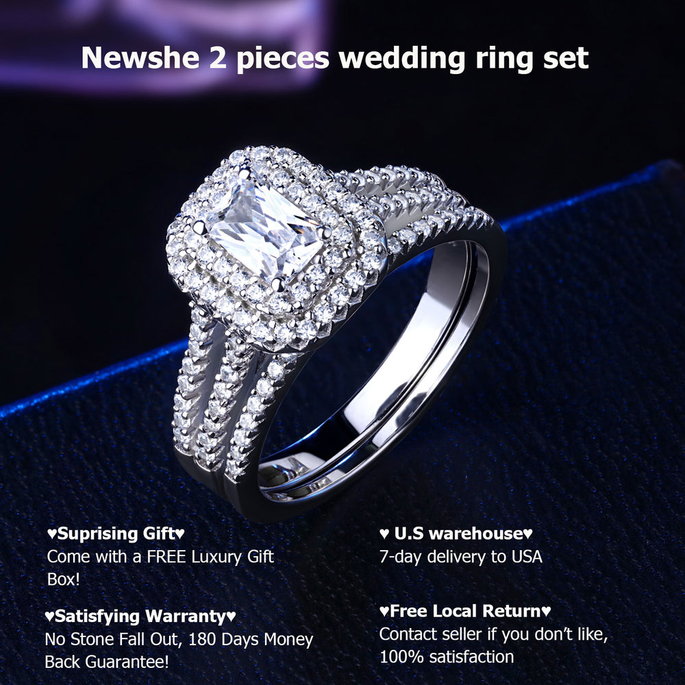 Newshe Solid 925 Silver Wedding Jewelry Double Halo Radiant Cut Engagement Bridal Rings for Women White AAAAA Cubic Zirconia - bertofonsi