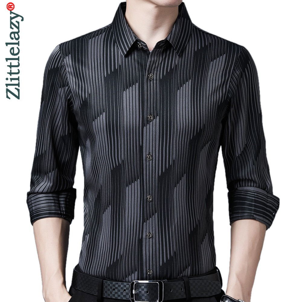 2022 Brand New Long Sleeve Men Social Shirt Streetwear Casual Striped Shirts Dress Mens Slim Regular Fit Clothes Fashions 1302 - bertofonsi