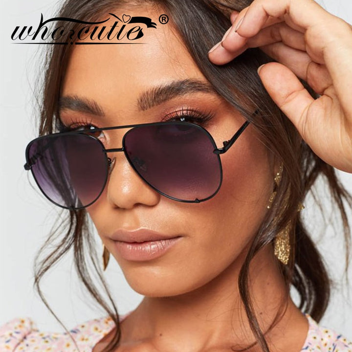 WHOCUTIE Vintage Oversized Sunglasses Women Men Brand Designe Retro Pilot Frame Flat Top Sun Glasses Black Gradient Shades UV400 - bertofonsi