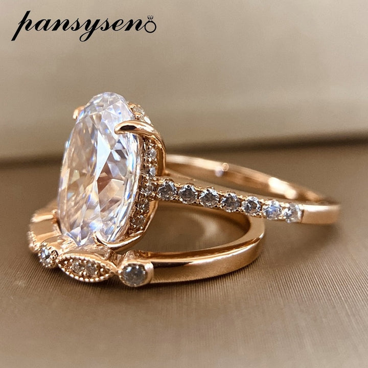 PANSYSEN  9ct Radiant Cut 9*13MM lab Moissanite Diamond Ring sets for Women Solid 925 Sterling Silver 18K Rose Gold Color Rings - bertofonsi