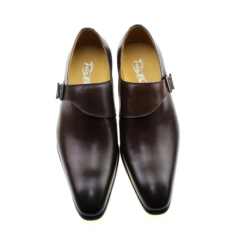 Brand Designer Mens Dress Shoes Classic Genuine Leather Buckle Monk Strap Dark Brown Black Office Business Formal Shoes for Men - bertofonsi
