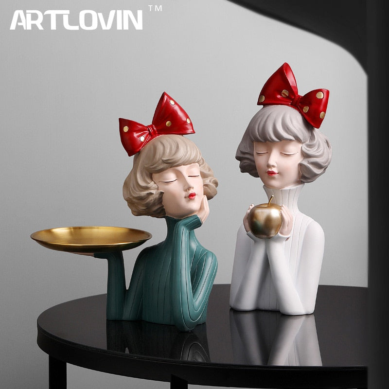 Modern Luxury Bowknot Girl Resin Figurines Home Decoration People Bust Storage Plate Gilr Statue For Room Decor Wedding Gifts - bertofonsi