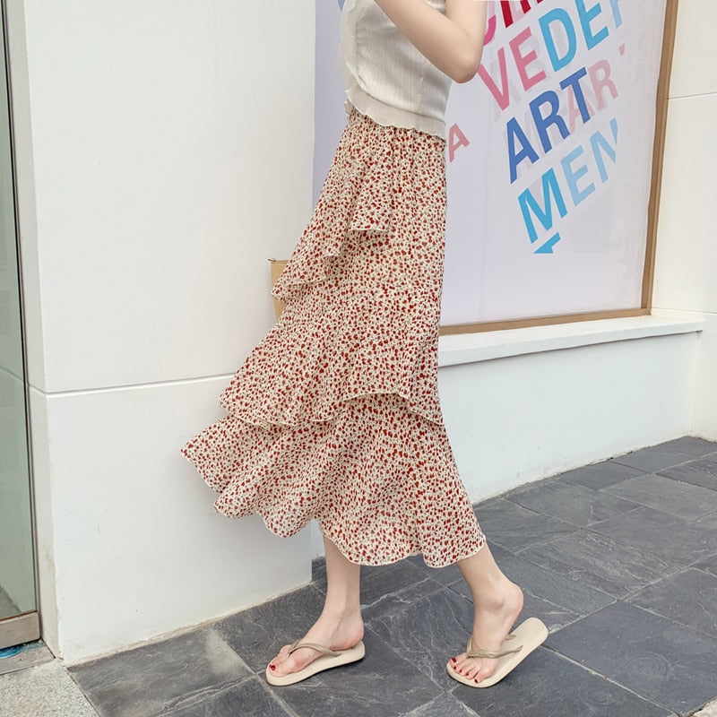 Casual Summer Skirts For Women New Loose Elastic High Waist Jupe Longue Femme Vintage Chiffon Ruffles Print Floral Pleated Skirt - bertofonsi