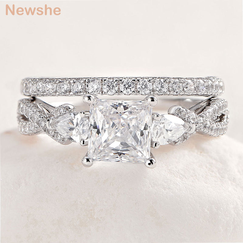 Newshe 2 Pcs Wedding Ring Set 925 Sterling Silver 1.7 Ct Princess Pear Cut AAAAA CZ Engagement Rings for Women Trendy Jewelry - bertofonsi