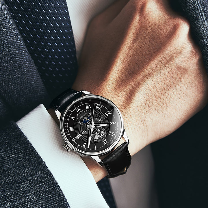 JSDUN Men&#39;s Mechanical Watch Luminous Leather Strap Waterproof Man Watch Top Brand Luxury Business Watch For Men Moonswatch 8909 - bertofonsi