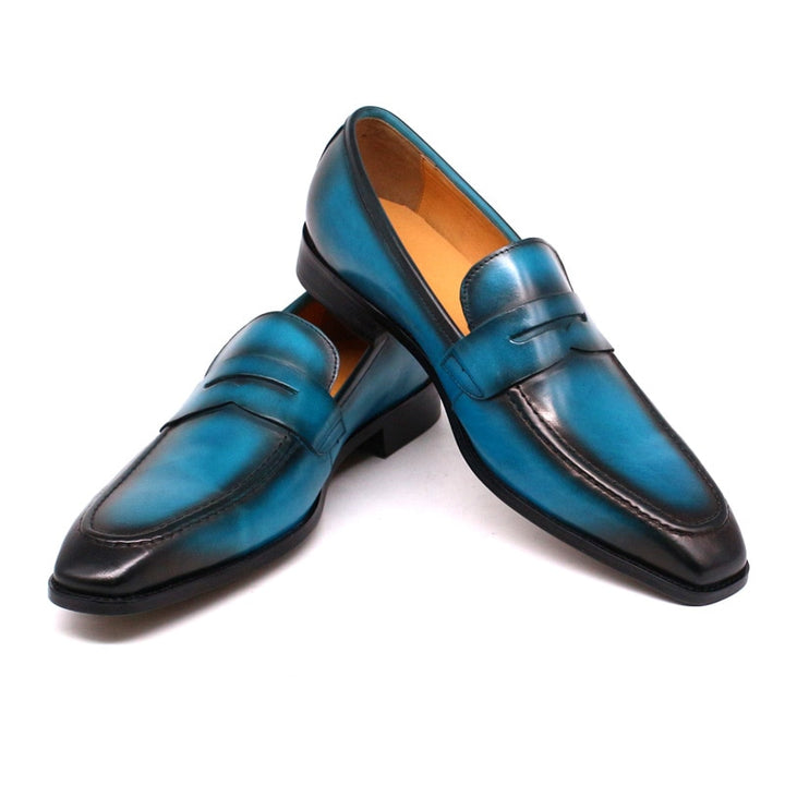Handmade Mens Penny Loafer Shoes Genuine Leather Classic Blue Dress Shoes Wedding Party Slip on Shoe for Men Italian Fashion - bertofonsi
