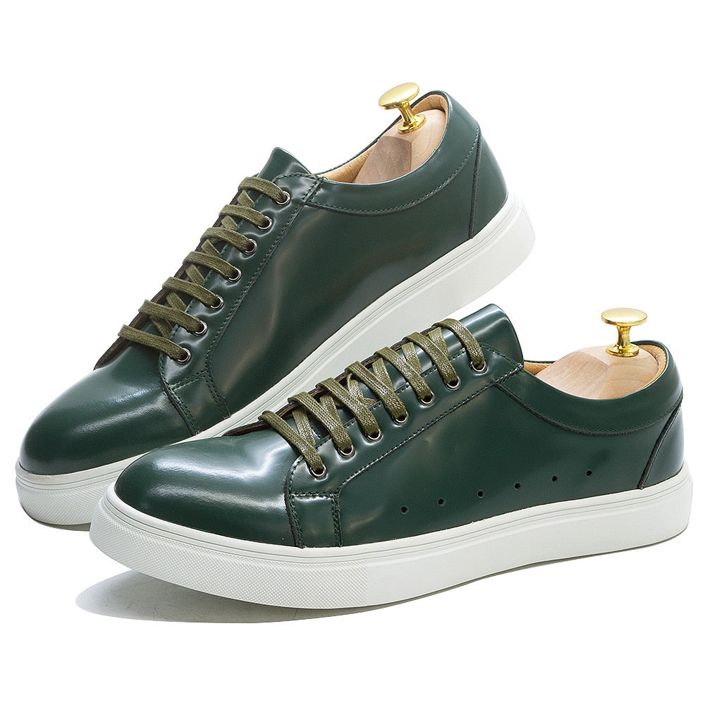Fashion Mens Casual Shoes Patent Leather Lace-Up Green Black Derby Breathable Comfortable Spring Autumn New Sneakers for Men - bertofonsi