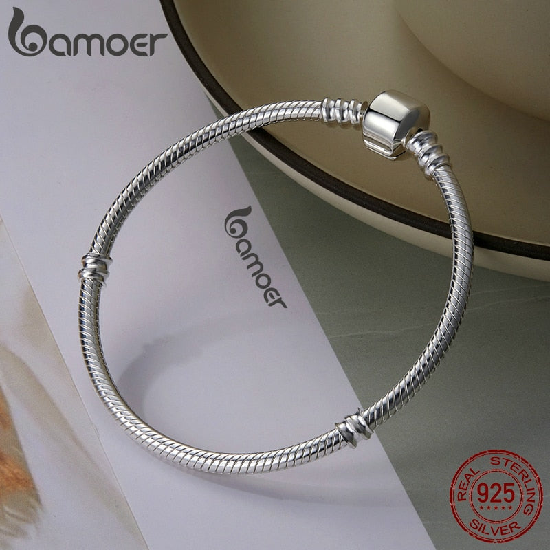 Bamoer 925 Sterling Silver Classic Snake Bracelet Women Personalized Charm Bracelet fit Letter Charm Bead - bertofonsi