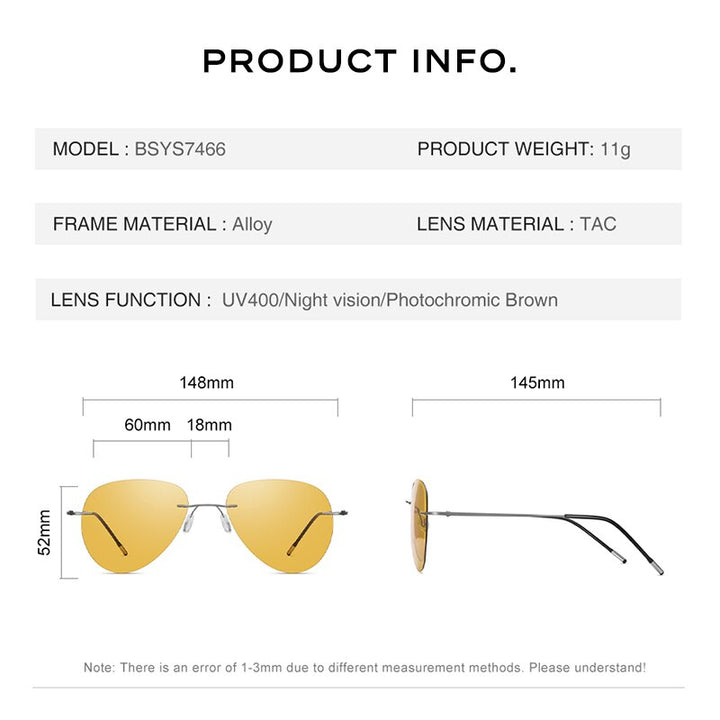 CAPONI Rimless Sunglasses Night Vision Yellow Pilot Sun Glasses For Men Women Discoloration Multifunction UV400 Glasses BSYS7466 - bertofonsi