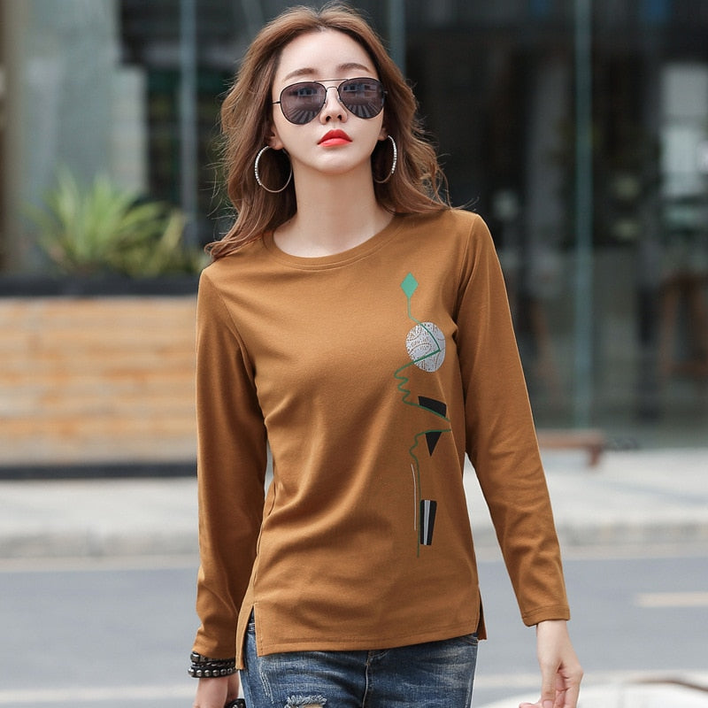 shintimes Print Tshirt Cotton T Shirt Women Korean Clothes 2022 Autumn T-Shirts Womens Long Sleeve Woman Tops Tee Shirt Femme - bertofonsi