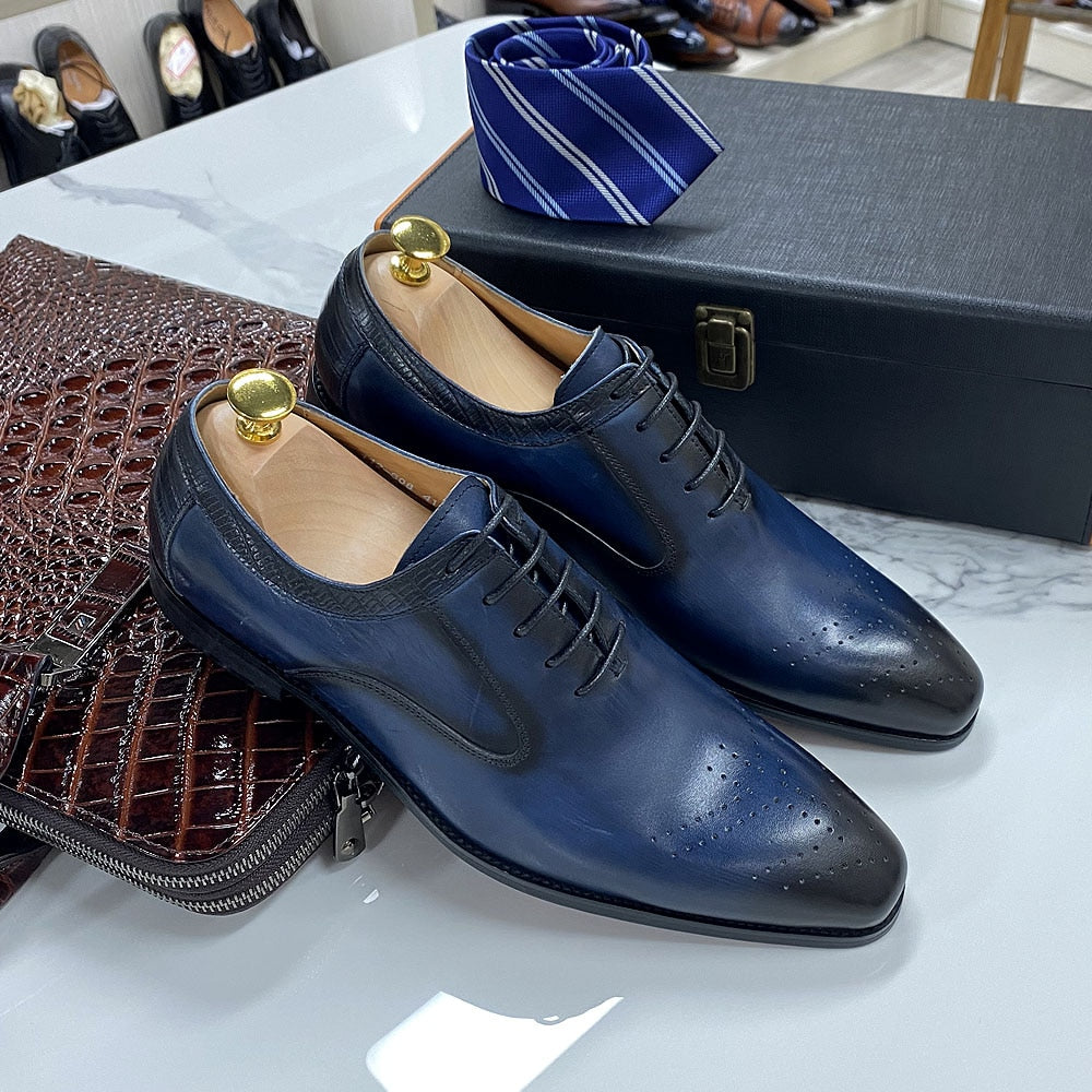 2022 New Genuine Leather Men&#39;s Dress Shoes Handmade Office Business Wedding Blue Black Luxury Lace Up Formal Oxfords Mens Shoes - bertofonsi
