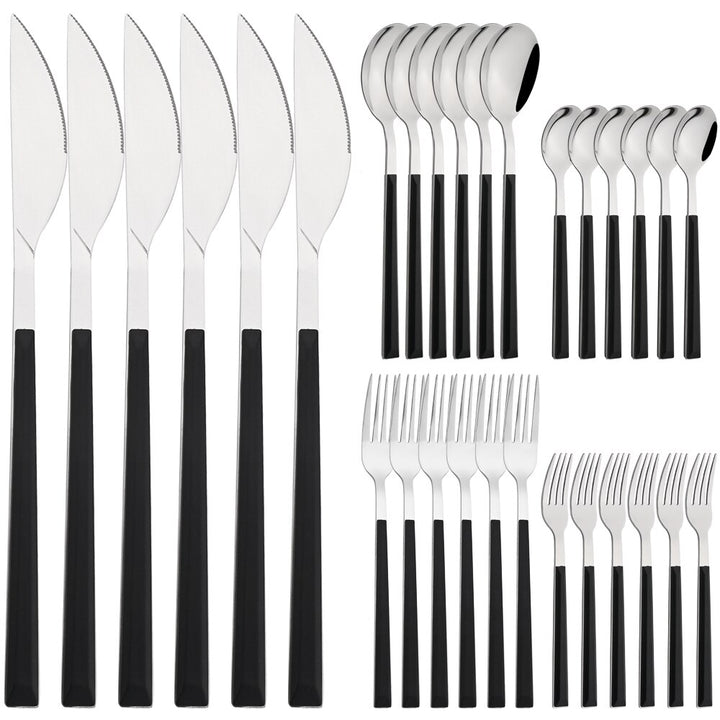 24/30Pcs Imitation Wooden Handle Cutlery Set White Silver Dinnerware Set Knife Fork Spoons Tableware Stainless Steel Silverware - bertofonsi