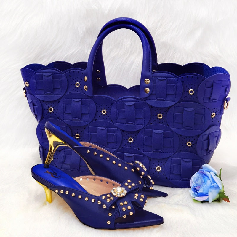 2022 Rivet Style  Women Shoes and Bag to Match in Color matching High Quality Nigerian Design Matching Shoes and Bag - bertofonsi
