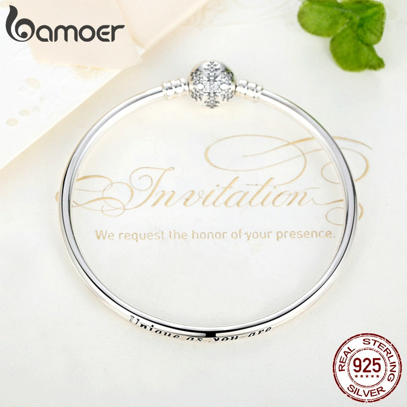 BAMOER Authentic 925 Sterling Silver Engrave Snowflake Clasp Unique as you are Snake Chain Bracelet & Bangle DIY Jewelry PAS915 - bertofonsi