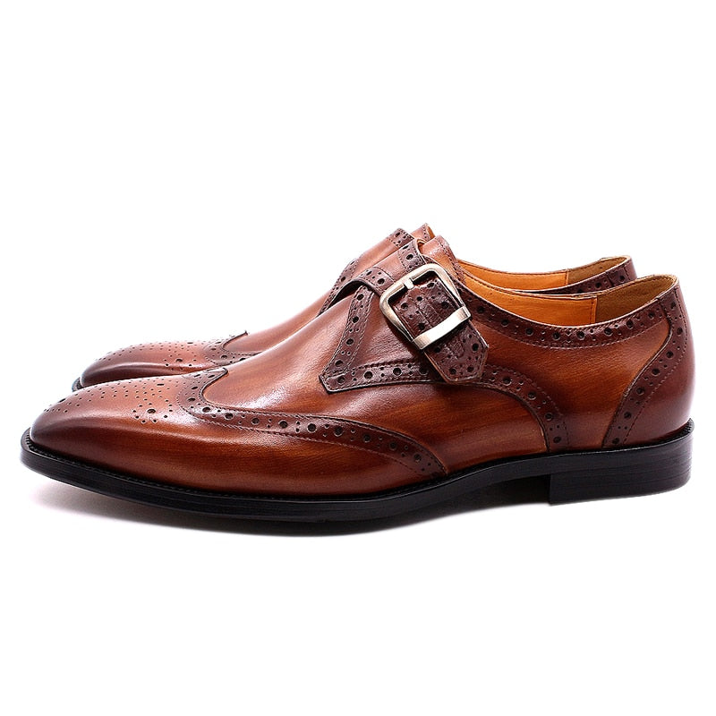 Men Dress Shoes Genuine Leather Italian Monk Strap Buckle - bertofonsi