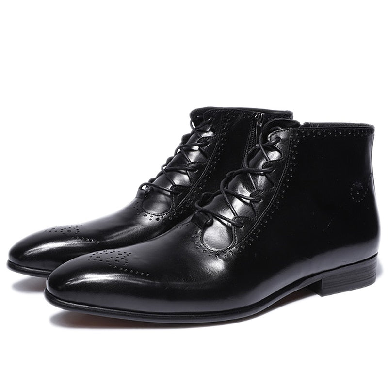 Mens Classic Ankle Boots Handmade Genuine Leather High Top Dress Shoes Casual Business Zipper Lace-up Motorcycle Boots for Men - bertofonsi