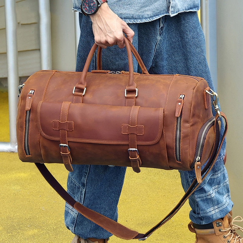 Vintage Fashion Handbags For Men Genuine Leather Travel Duffles Travelling Shoulder Bag Cowskin Hand Luggage Bags Large Duffle - bertofonsi