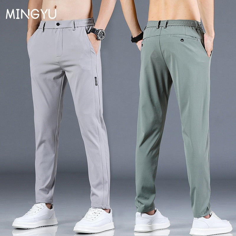 Mingyu Brand Summer Men&#39;s Casual Pants Men Trousers Male Pant Slim Fit Work Elastic Waist Black Green Grey Light Trousers 28-38 - bertofonsi