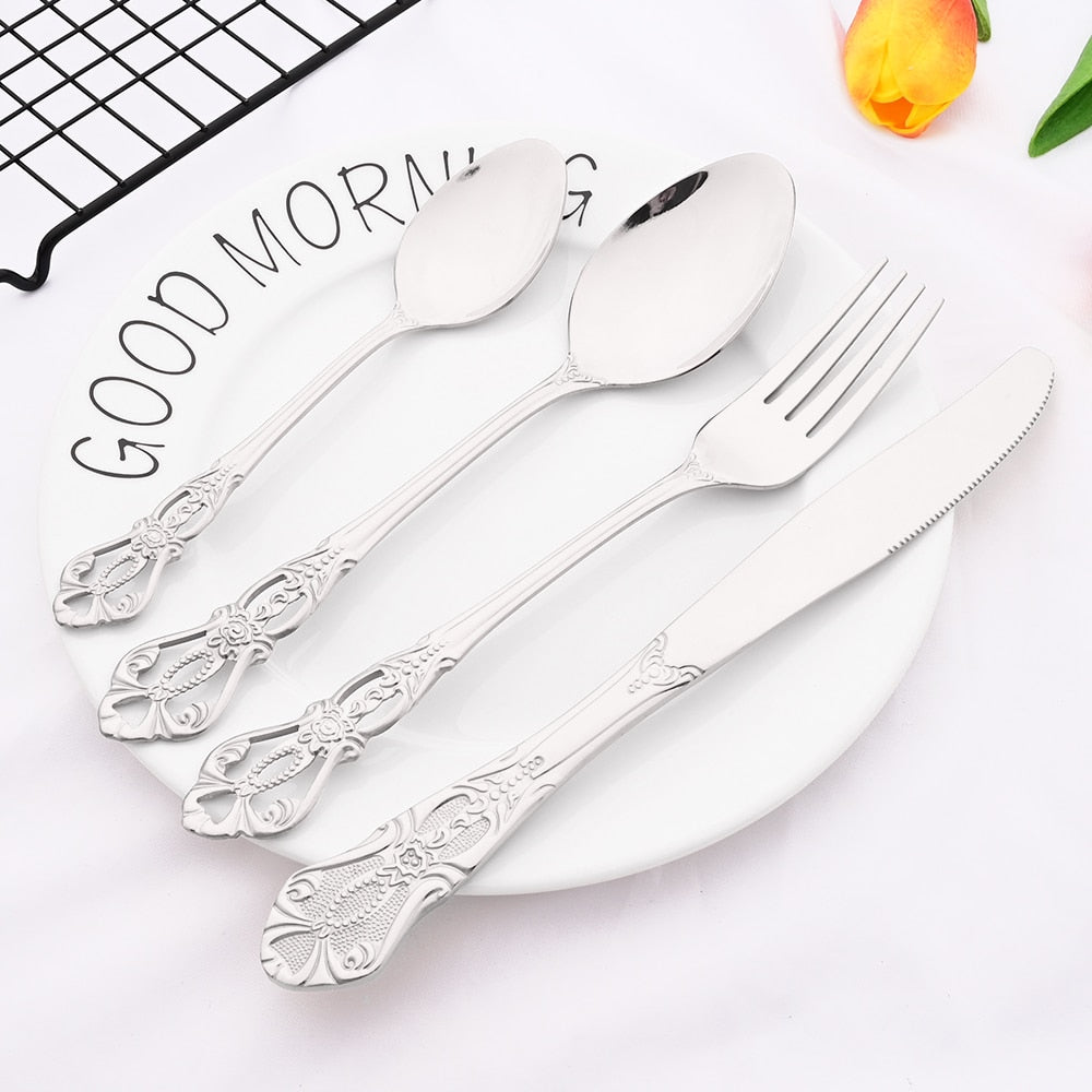 30Pcs Silver Royal Dinnerware Set Knife Dessert Fork Spoon Flatware Stainless Steel Cutlery Kitchen Silverware Tableware Set - bertofonsi