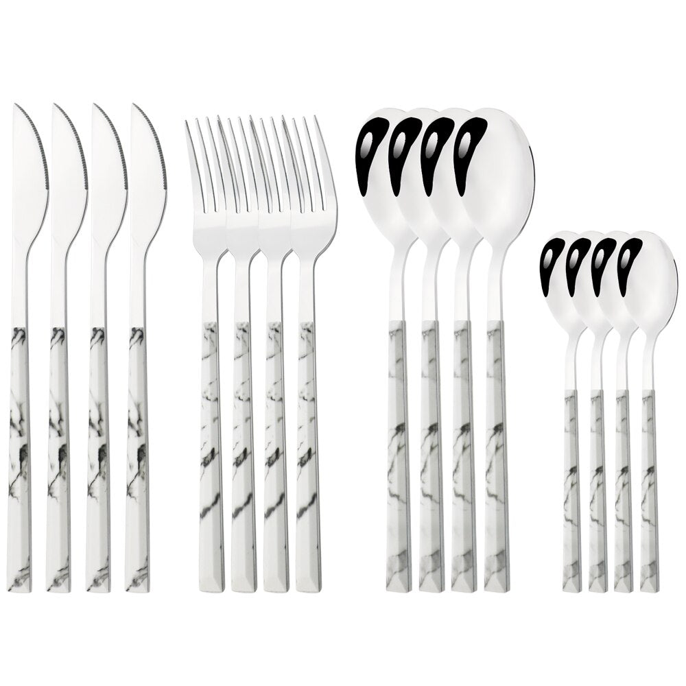 16pcs Stainless Steel Cutlery Set Imitation Wooden Handle Dinnerware Clamp Western Tableware Knife Fork Tea Spoon Silverware Set - bertofonsi