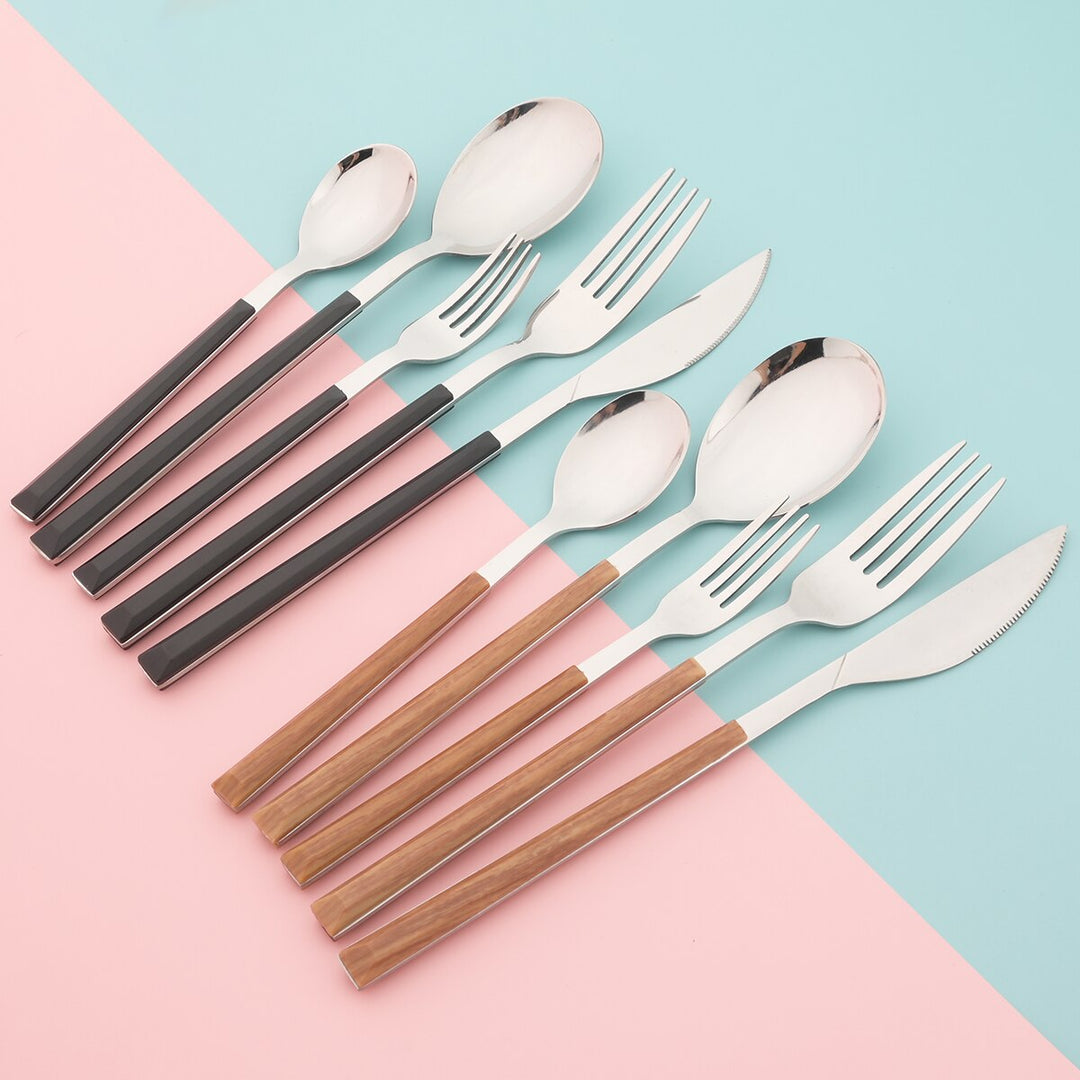 24/30Pcs Imitation Wooden Handle Cutlery Set White Silver Dinnerware Set Knife Fork Spoons Tableware Stainless Steel Silverware - bertofonsi