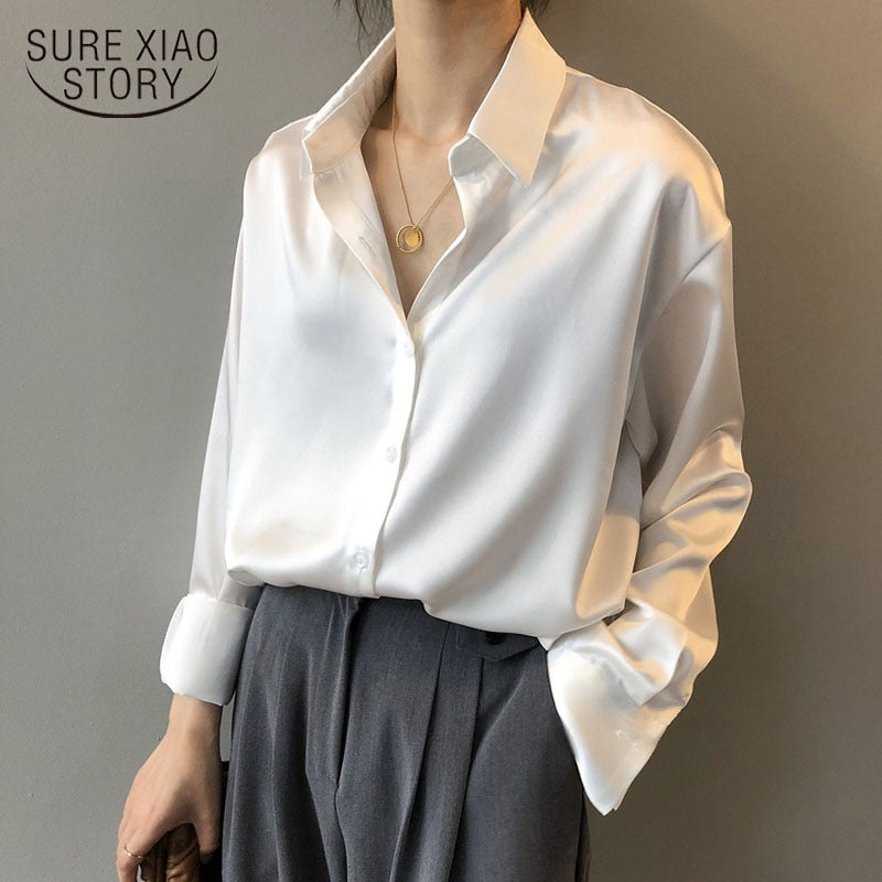 Autumn Fashion Button Up Satin Silk Shirt Vintage Blouse Women White Lady Long Sleeves Female Loose Street Shirts 11355 - bertofonsi