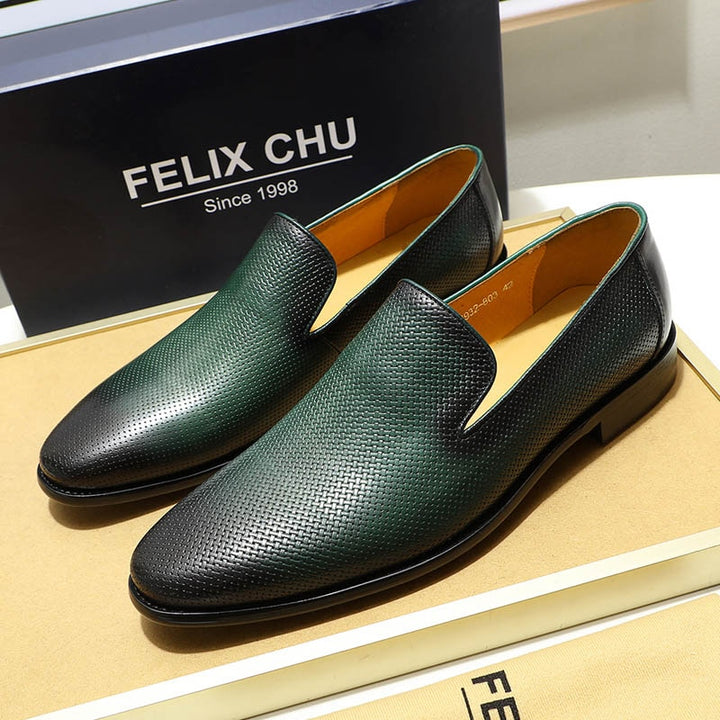 FELIX CHU Italian Mens Loafer Leather Green Casual Dress Shoes Slip-On Genuine Leather Wedding Party Formal Suit Shoe for Men - bertofonsi