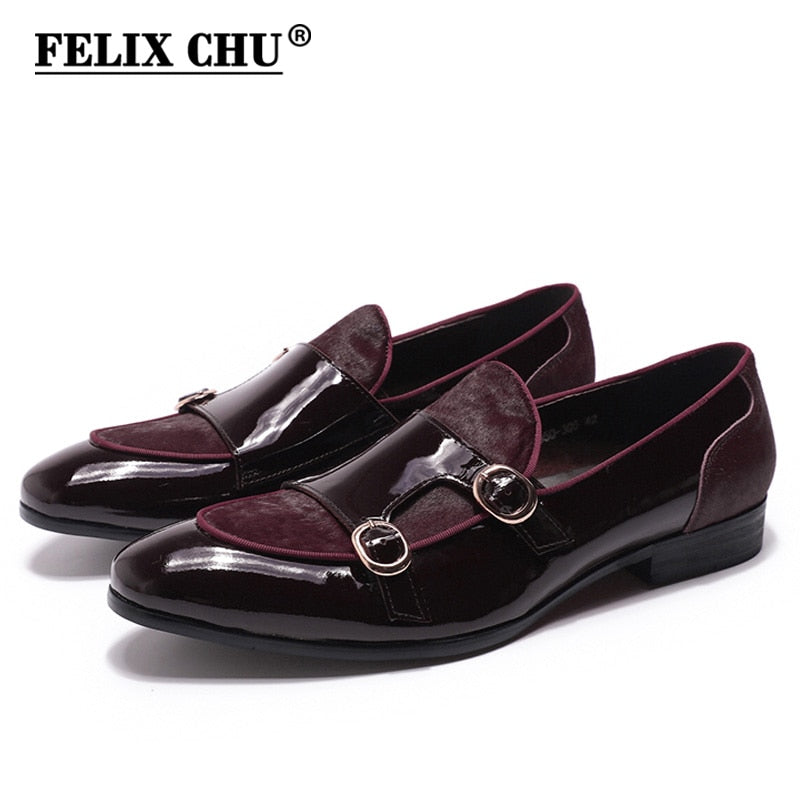 FELIX CHU Mens Wedding Loafers Gentlemen Party Dress Shoes Patent Leather with Horse Hair Casual Monk Strap Formal Shoes for Men - bertofonsi