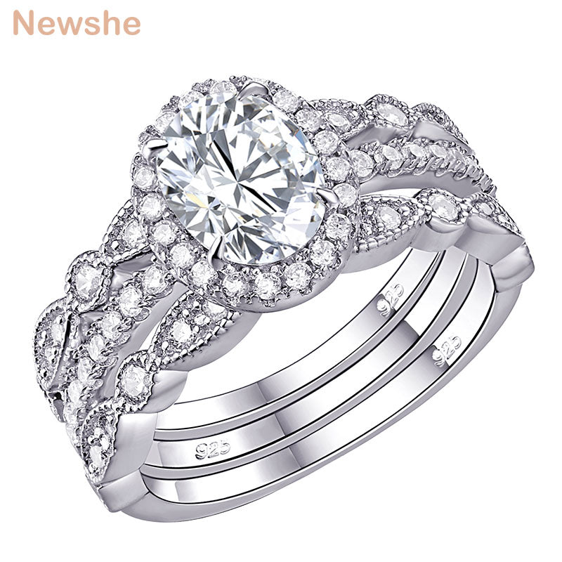 Newshe 3 Pieces 925 Sterling Silver Oval Engagement Ring Bridal Set for Women AAAAA CZ Art Deco Wedding Bands Romantic Jewelry - bertofonsi