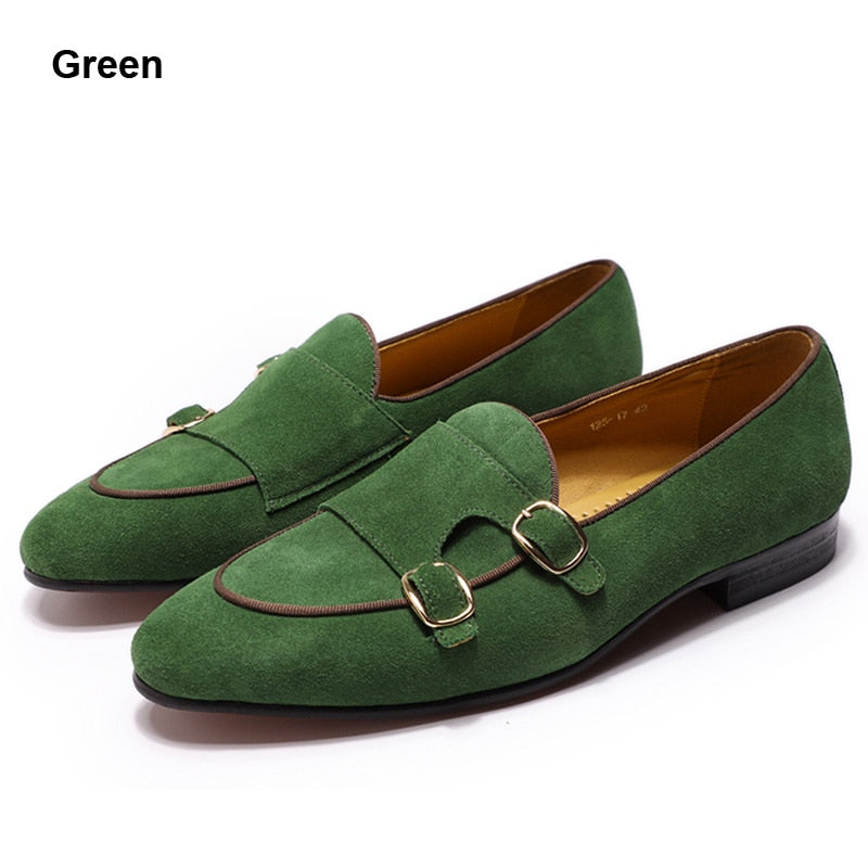 Fashion Design Suede Leather Mens Loafers Black Brown Green Casual Dress Shoes for Wedding Party Monk Strap Men Shoes Size 38-47 - bertofonsi