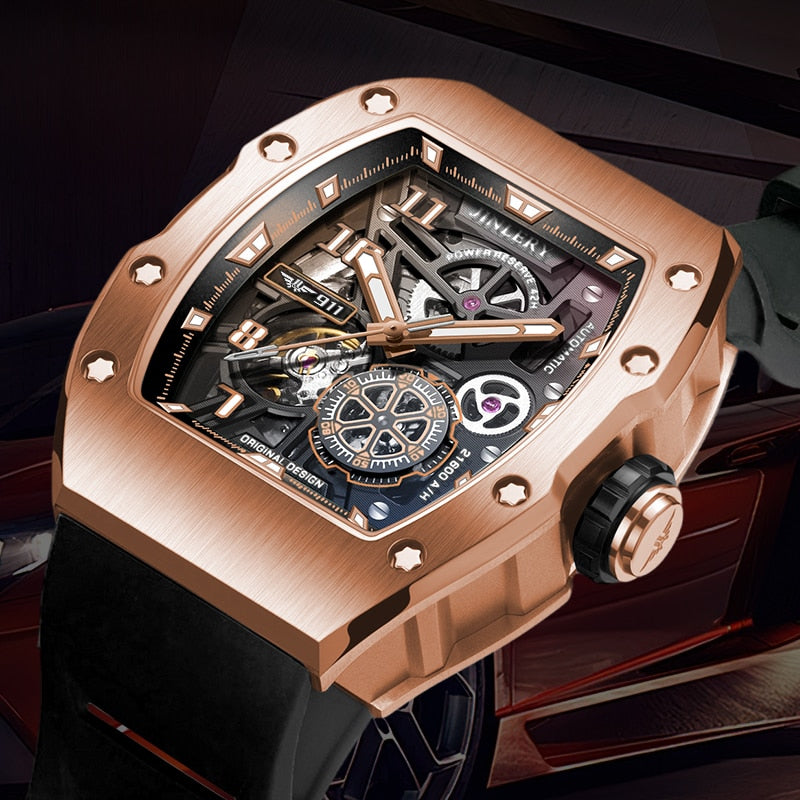 JINLERY Automatic Men Watch Skeleton Mechanical Self Wind Watches Luxury Brand Sapphire Glass Wristwatch Men Relogio Masculino - bertofonsi