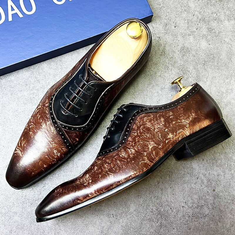 Luxury Brand Men Oxford Shoes Lace Up Pointed Toe Mixed Colors Fashion MAN SHOE Dress Wedding Office Real Leather Men's Shoes - bertofonsi