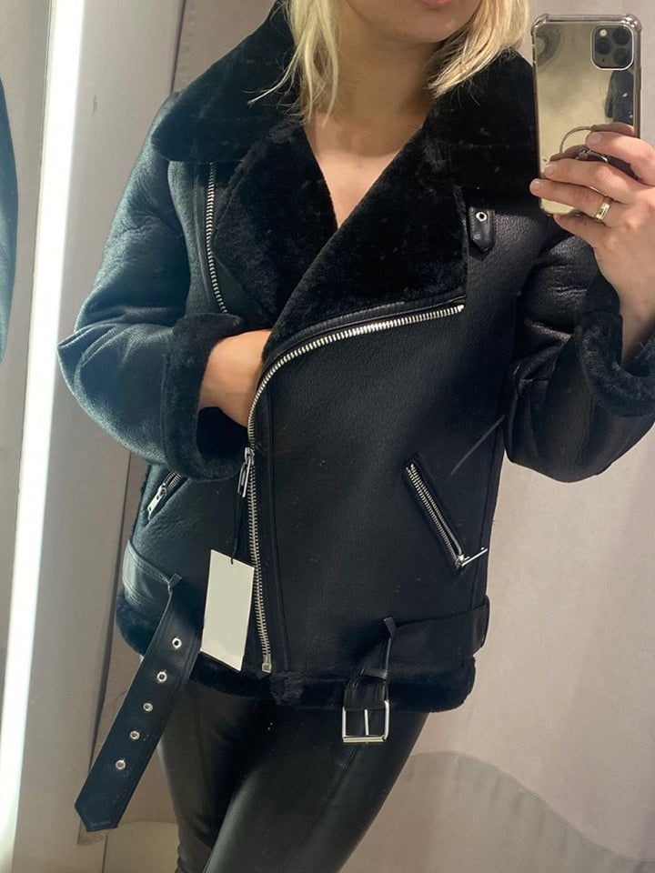 Ailegogo Winter Coats Women Thickness Faux Leather Fur Sheepskin Female Fur Leather Jacket Aviator Outwear Casaco Feminino - bertofonsi