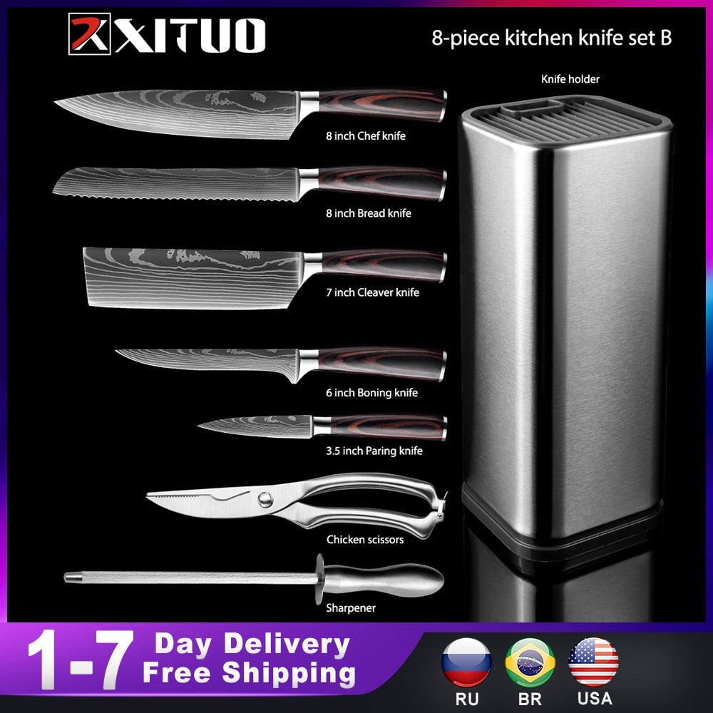 XITUO Kitchen Chef Set 4-8PCS set  Knife Stainless Steel Knife Holder Santoku Utility Cut Cleaver Bread Paring Knives Scissors - bertofonsi