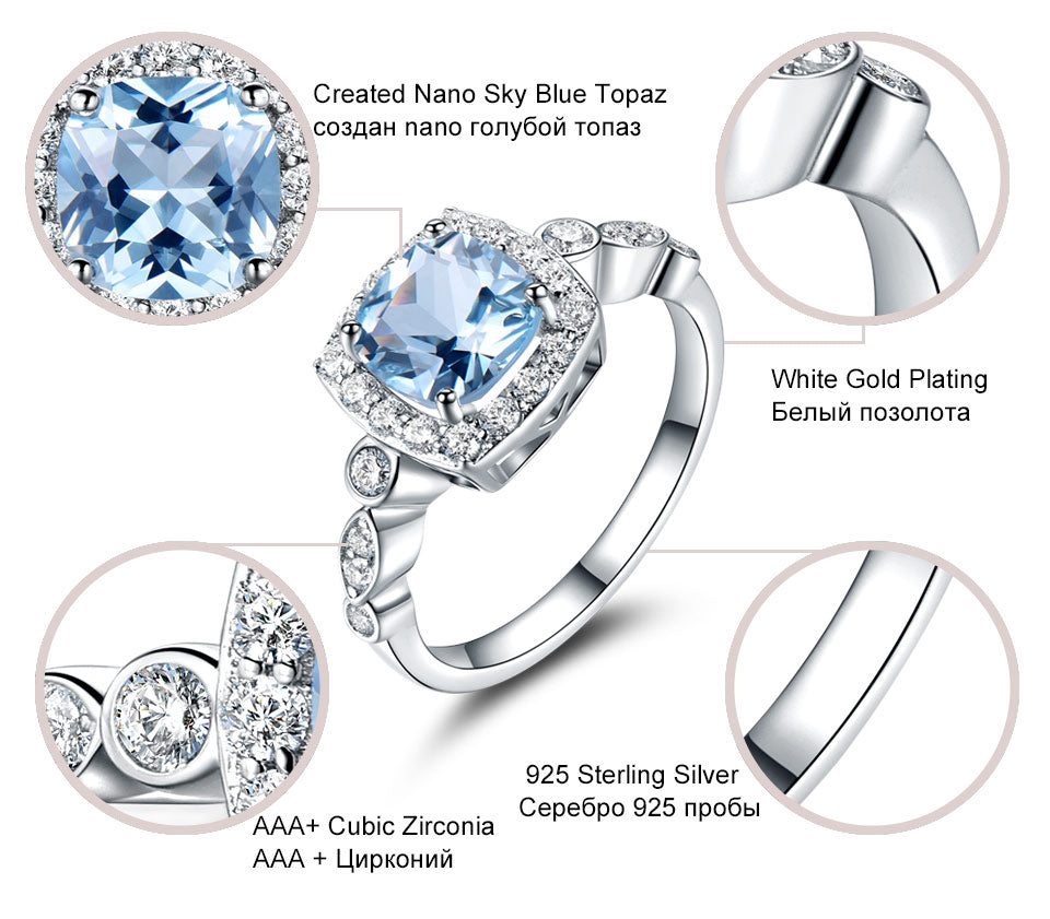 UMCHO  Real S925 Sterling Silver Rings for Women Blue Topaz Ring Gemstone Aquamarine Cushion  Romantic Gift Engagement Jewelry - bertofonsi