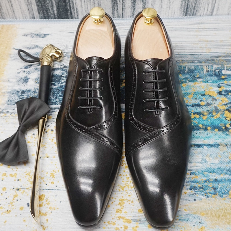 Italian Men Oxford Shoes Genuine Leather Lace Up Mix-Color Black Brown Mens Dress Shoes Office Business Wedding Formal Shoes Men - bertofonsi