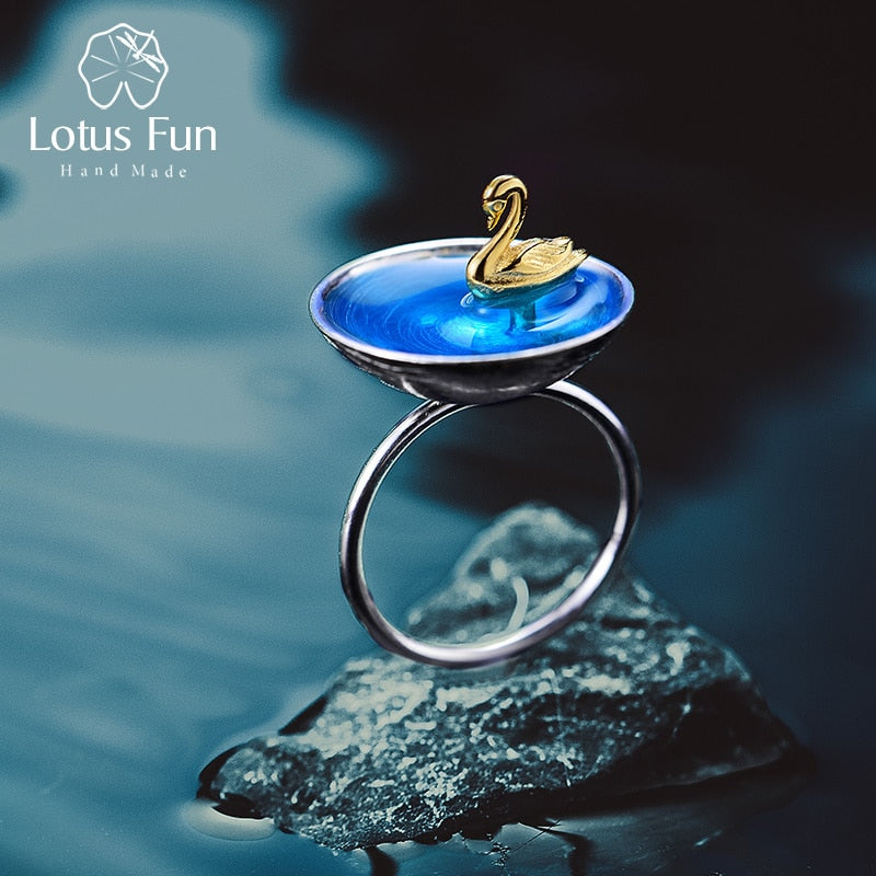 Lotus Fun Real 925 Sterling Silver Fine Jewelry Natural Creative Handmade Designer Poetic Swan In The Sea Rings for Women Bijoux - bertofonsi