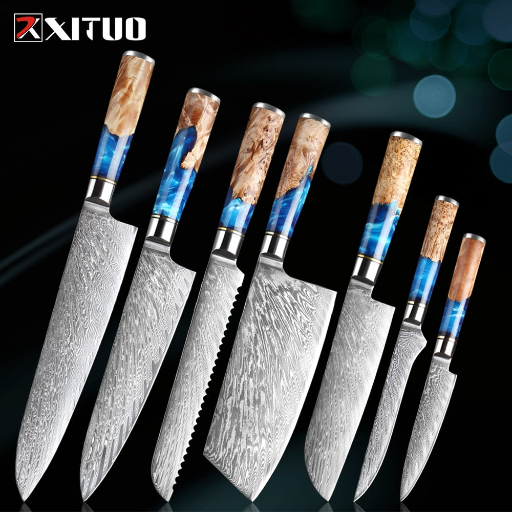 XITUO Kitchen Knives-Set Damascus Steel Chef Knife Cleaver Paring Utility Bread Knife Cooking Tool Blue Resin Handle 1-6Pcs/Set - bertofonsi