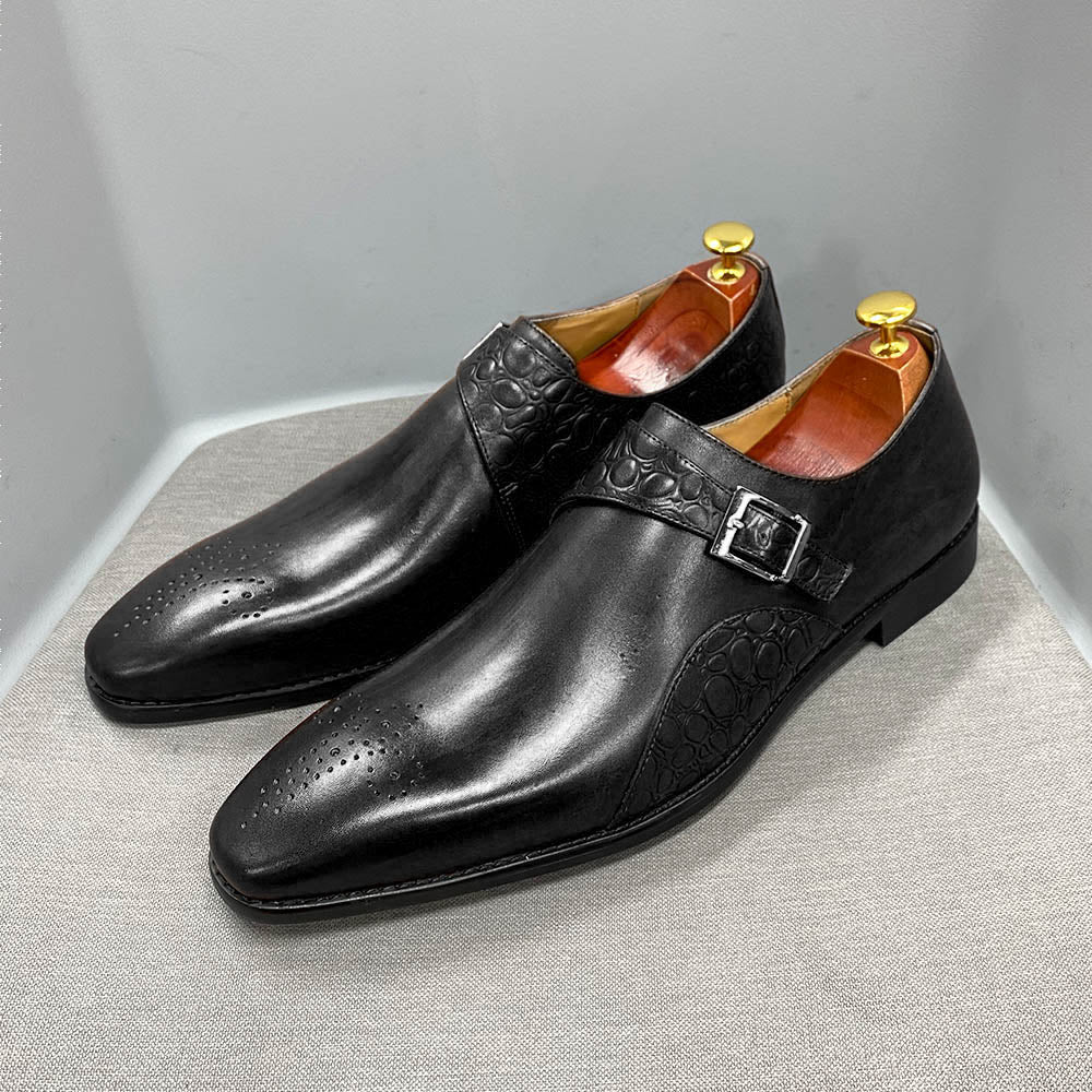 Fashion Mens Monk Strap Dress Shoes Alligator Print Genuine Calf Leather Handmade Wedding Office Formal Business Shoes for Men - bertofonsi