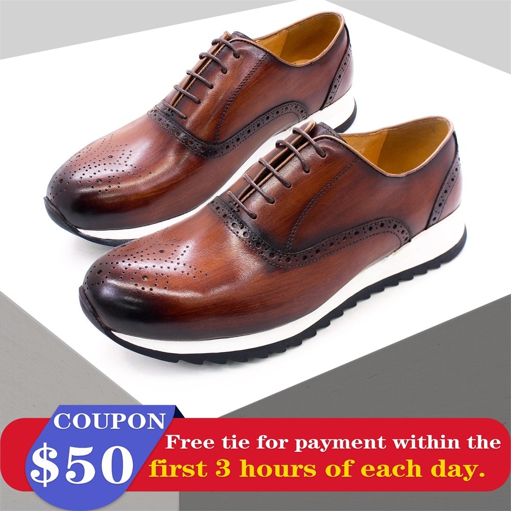Classic Men's Casual Leather Shoes Lace-up Luxury Handmade Brock Men's Shoes Comfortable Outdoor Dating Dress Men's Shoes - bertofonsi