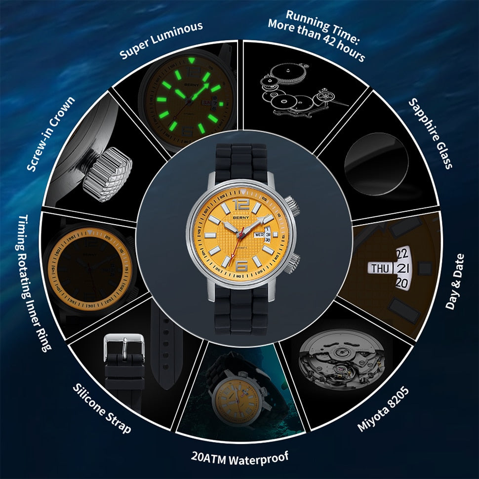 Miyota 8205 20ATM Diver Automatic Mechanical Watch Men Sport Luminous Sapphire Waterproof Wristwatch Swimming Self Winding Watch - bertofonsi