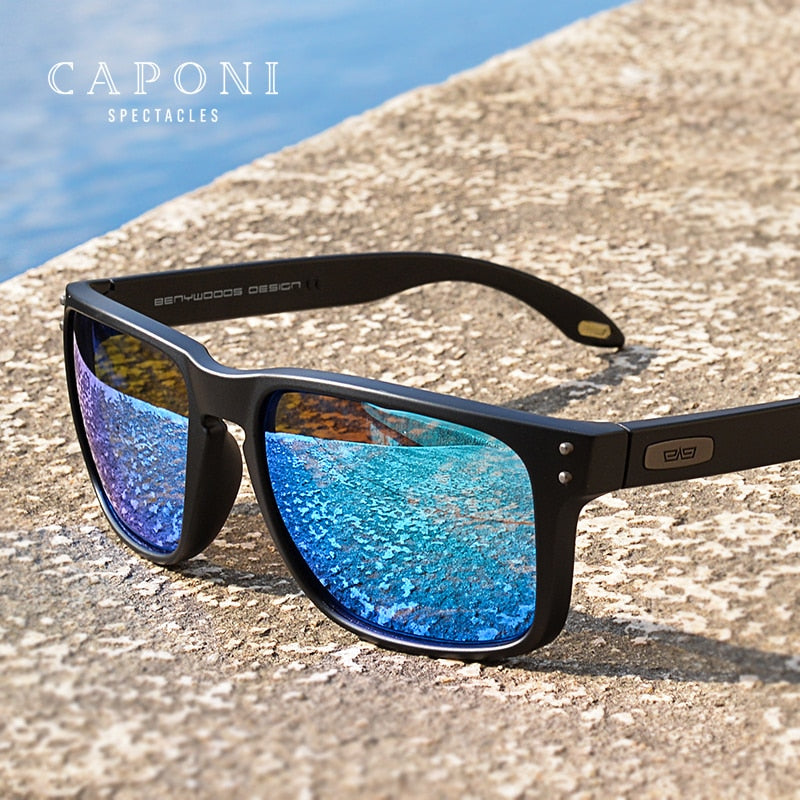 CAPONI Blue Mirror Sunglasses Men TR-90 Frame Polarized UV Ray Cut Lense Eyewear Vintage Fashion Square Men's Sun Glasses CP9417 - bertofonsi